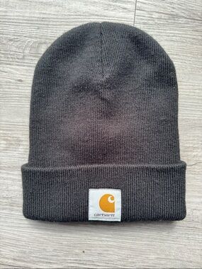 Carhartt Gray Knit Cuffed Beanie with Yellow Logo Patch